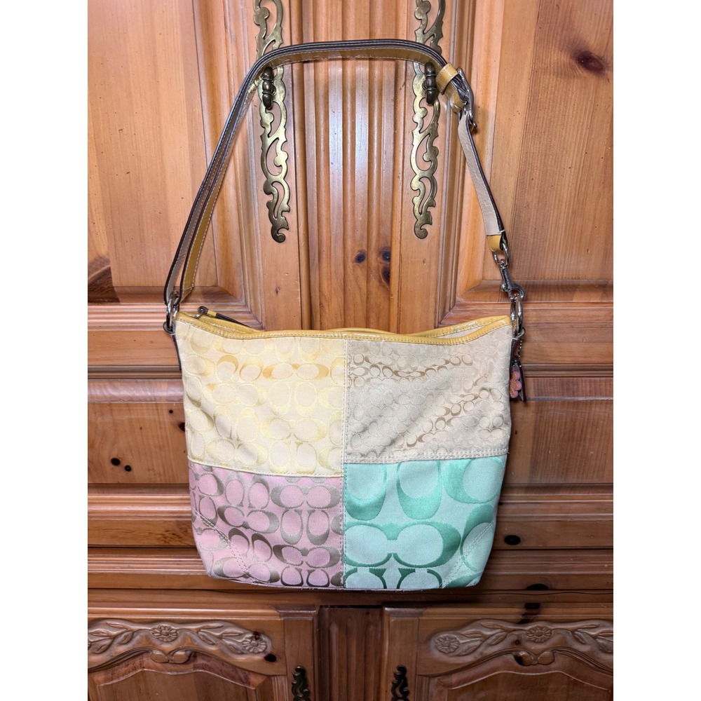Y2K Coach Signature Patchwork Pastel Hobo Shoulder Bag Yellow Pink Green F14900 - Picture 8 of 16